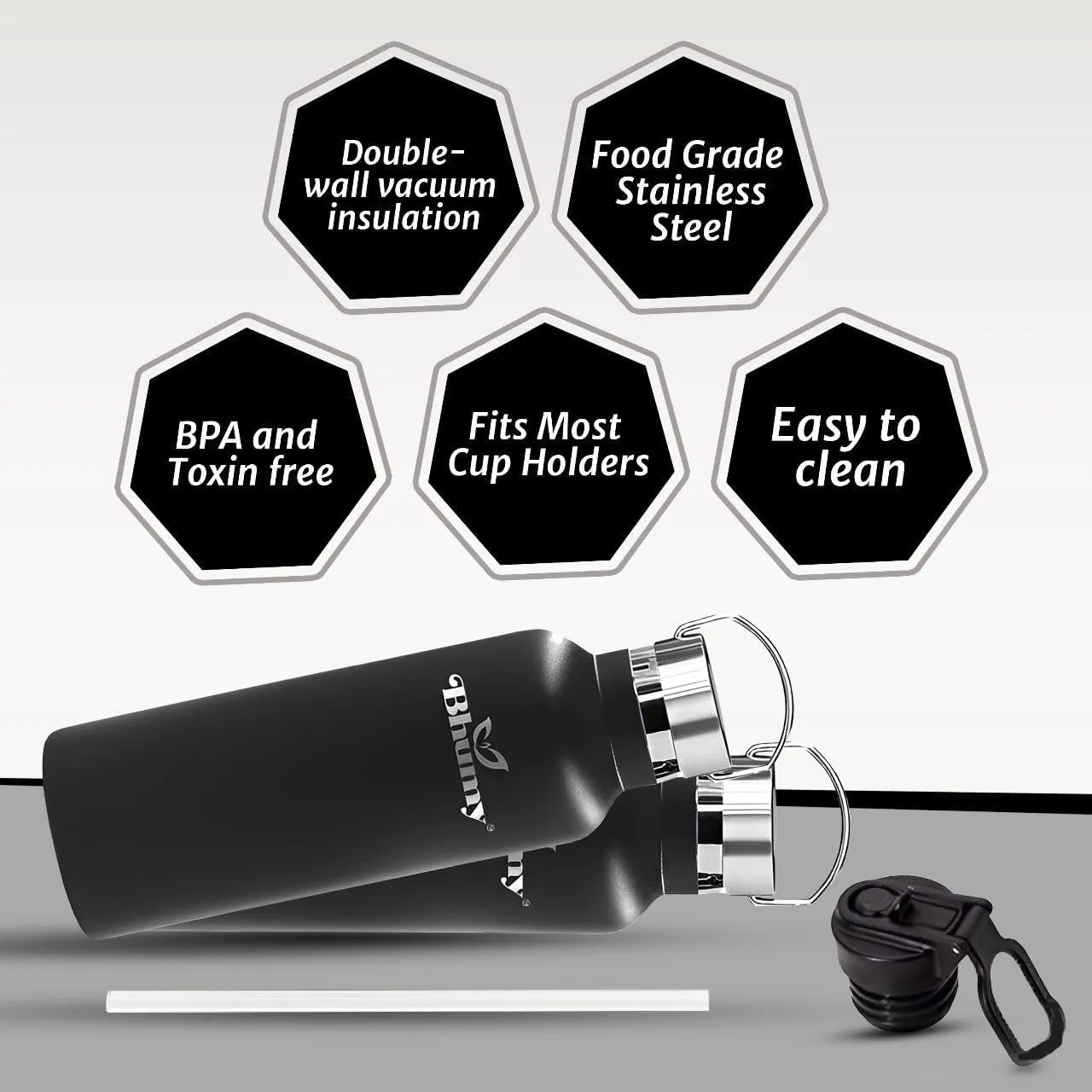 Bhumy Stainless Steel Water Bottles – 22oz Double Wall Stainless Steel Insulated Water Bottle – Water Bottle with Straw and 2 Lids – Leakproof Sports Water Bottle Water for Gym, Office, Travel