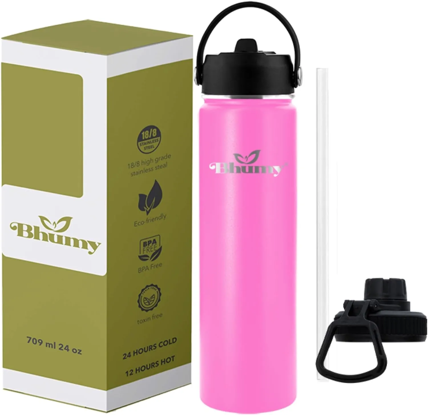 Bhumy Stainless Steel Water Bottles – 22oz Double Wall Stainless Steel Insulated Water Bottle – Water Bottle with Straw and 2 Lids – Leakproof Sports Water Bottle Water for Gym, Office, Travel