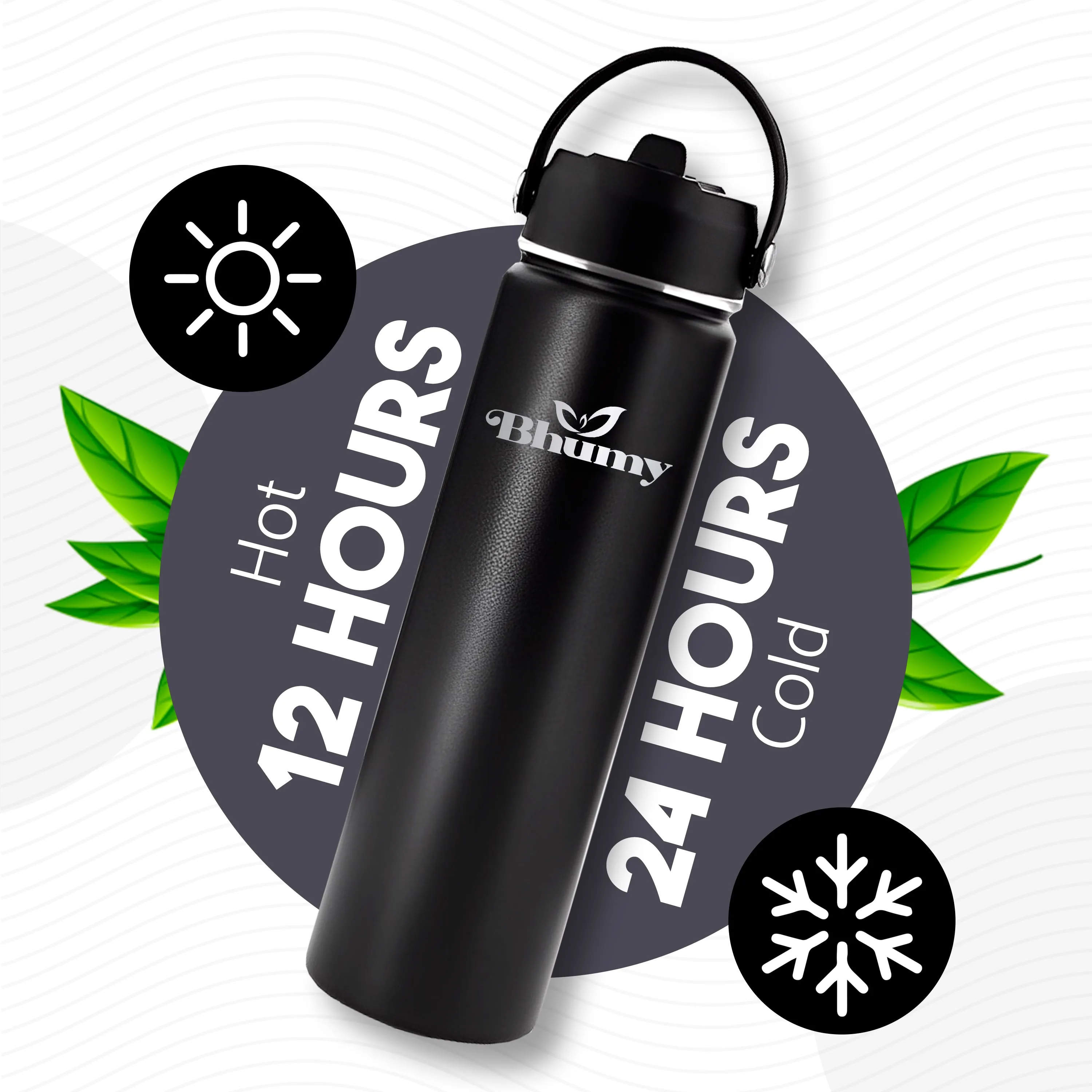Bhumy Stainless Steel Water Bottles – 22oz Double Wall Stainless Steel Insulated Water Bottle – Water Bottle with Straw and 2 Lids – Leakproof Sports Water Bottle Water for Gym, Office, Travel