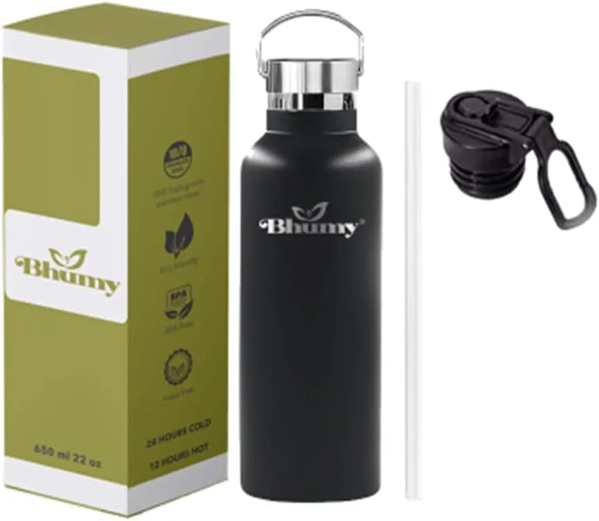 Bhumy Stainless Steel Water Bottles – 22oz Double Wall Stainless Steel Insulated Water Bottle – Water Bottle with Straw and 2 Lids – Leakproof Sports Water Bottle Water for Gym, Office, Travel