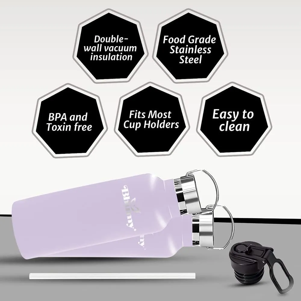 Bhumy Stainless Steel Water Bottles – 22oz Double Wall Stainless Steel Insulated Water Bottle – Water Bottle with Straw and 2 Lids – Leakproof Sports Water Bottle Water for Gym, Office, Travel