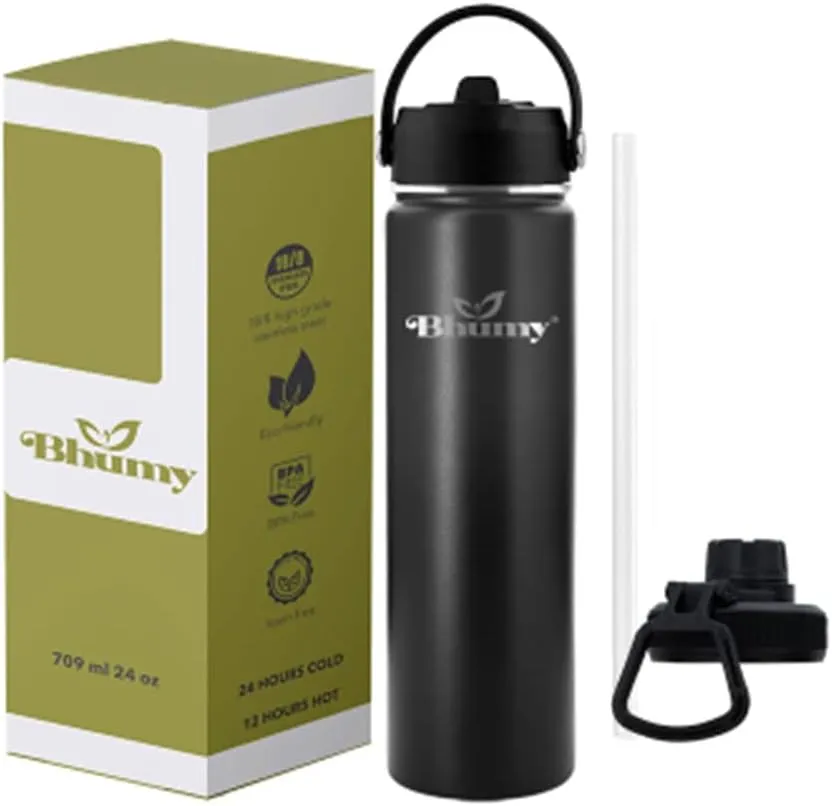 Bhumy Stainless Steel Water Bottles – 22oz Double Wall Stainless Steel Insulated Water Bottle – Water Bottle with Straw and 2 Lids – Leakproof Sports Water Bottle Water for Gym, Office, Travel
