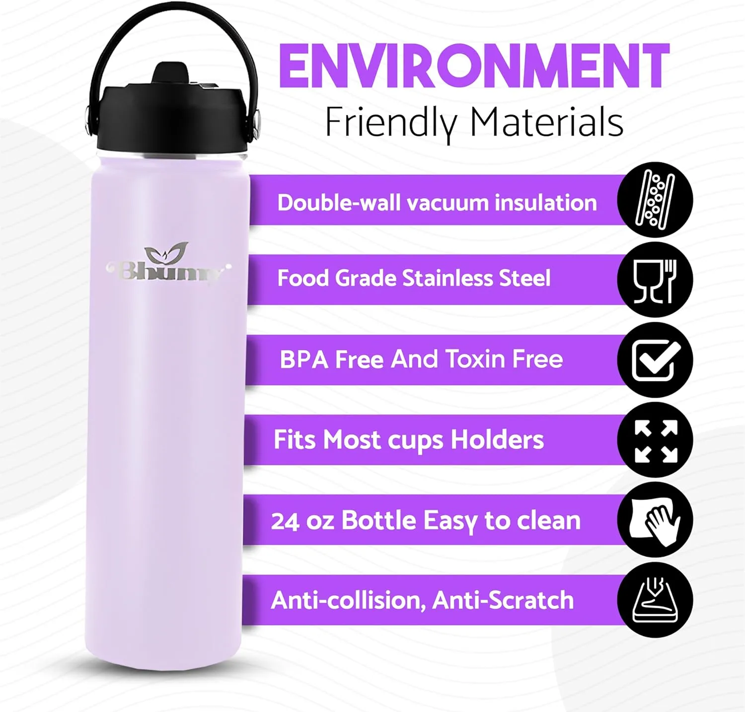 Bhumy Stainless Steel Water Bottles – 22oz Double Wall Stainless Steel Insulated Water Bottle – Water Bottle with Straw and 2 Lids – Leakproof Sports Water Bottle Water for Gym, Office, Travel