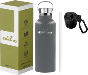 Bhumy Stainless Steel Water Bottles – 22oz Double Wall Stainless Steel Insulated Water Bottle – Water Bottle with Straw and 2 Lids – Leakproof Sports Water Bottle Water for Gym, Office, Travel