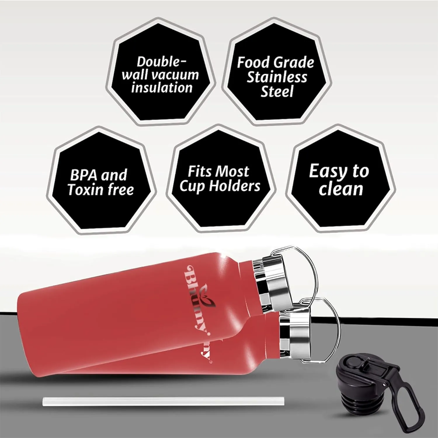 Bhumy Stainless Steel Water Bottles – 22oz Double Wall Stainless Steel Insulated Water Bottle – Water Bottle with Straw and 2 Lids – Leakproof Sports Water Bottle Water for Gym, Office, Travel