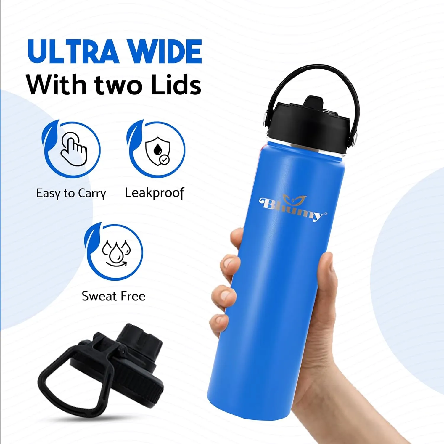 Bhumy Stainless Steel Water Bottles – 22oz Double Wall Stainless Steel Insulated Water Bottle – Water Bottle with Straw and 2 Lids – Leakproof Sports Water Bottle Water for Gym, Office, Travel