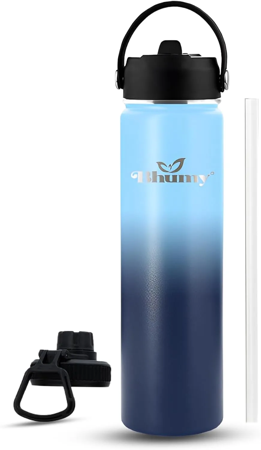 Bhumy Stainless Steel Water Bottles – 22oz Double Wall Stainless Steel Insulated Water Bottle – Water Bottle with Straw and 2 Lids – Leakproof Sports Water Bottle Water for Gym, Office, Travel