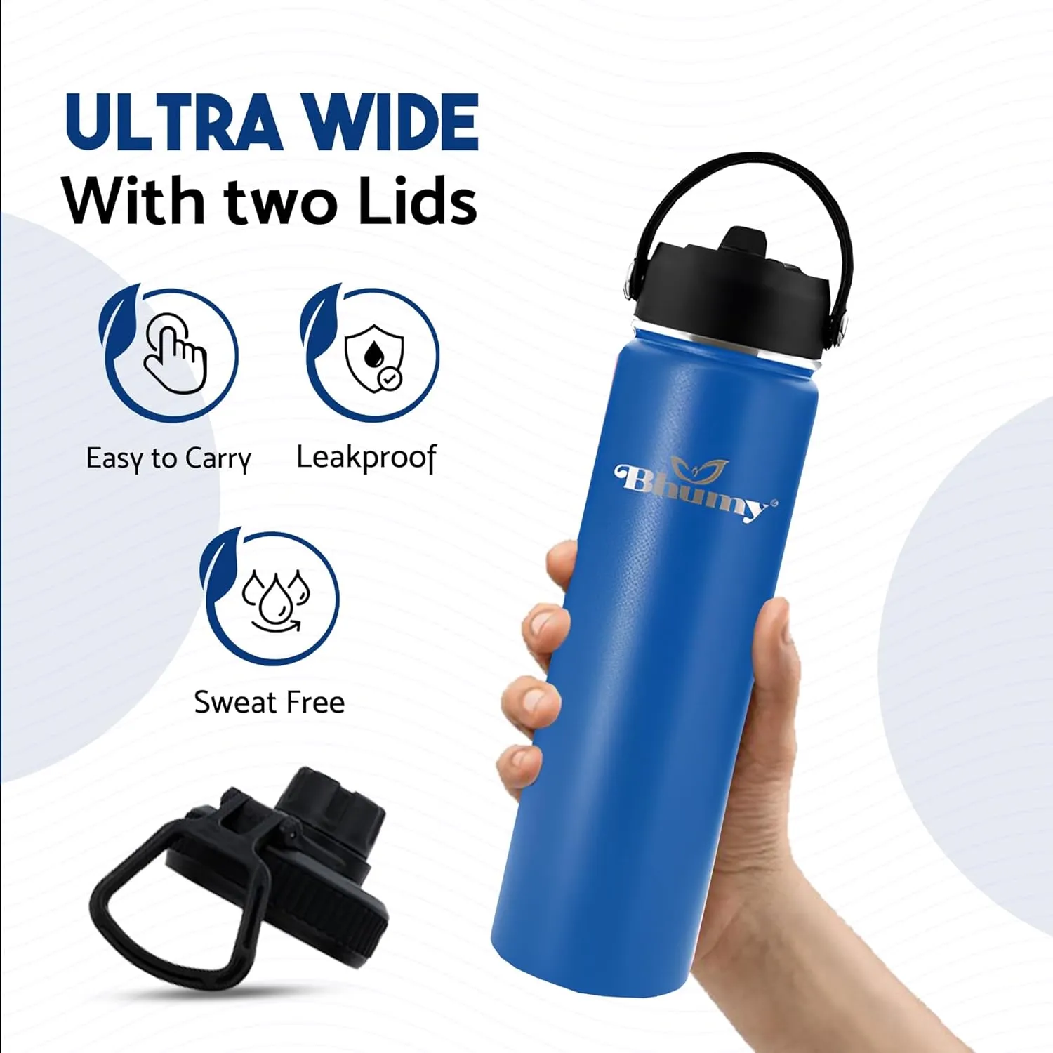Bhumy Stainless Steel Water Bottles – 22oz Double Wall Stainless Steel Insulated Water Bottle – Water Bottle with Straw and 2 Lids – Leakproof Sports Water Bottle Water for Gym, Office, Travel
