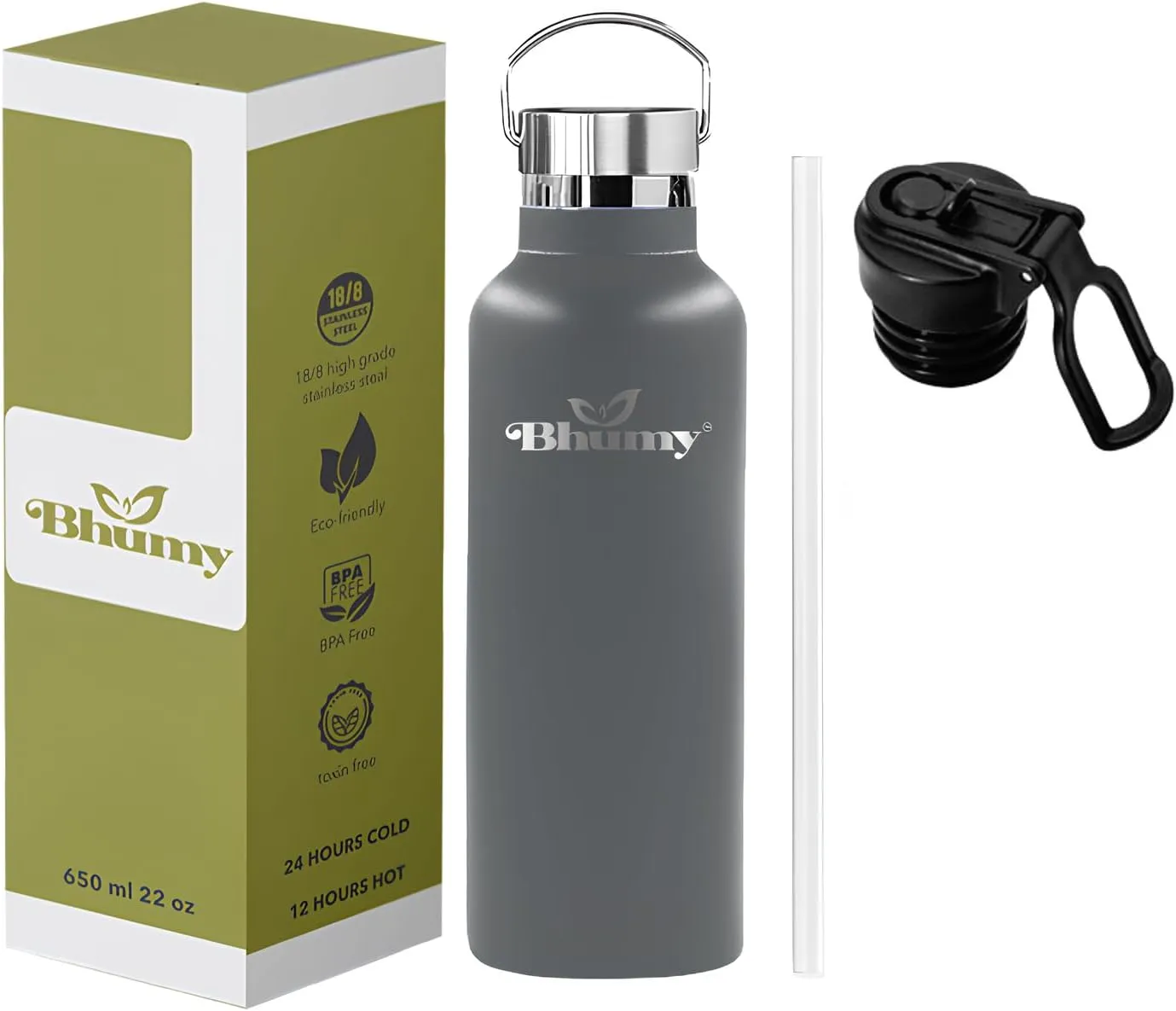 Bhumy Stainless Steel Water Bottles – 22oz Double Wall Stainless Steel Insulated Water Bottle – Water Bottle with Straw and 2 Lids – Leakproof Sports Water Bottle Water for Gym, Office, Travel