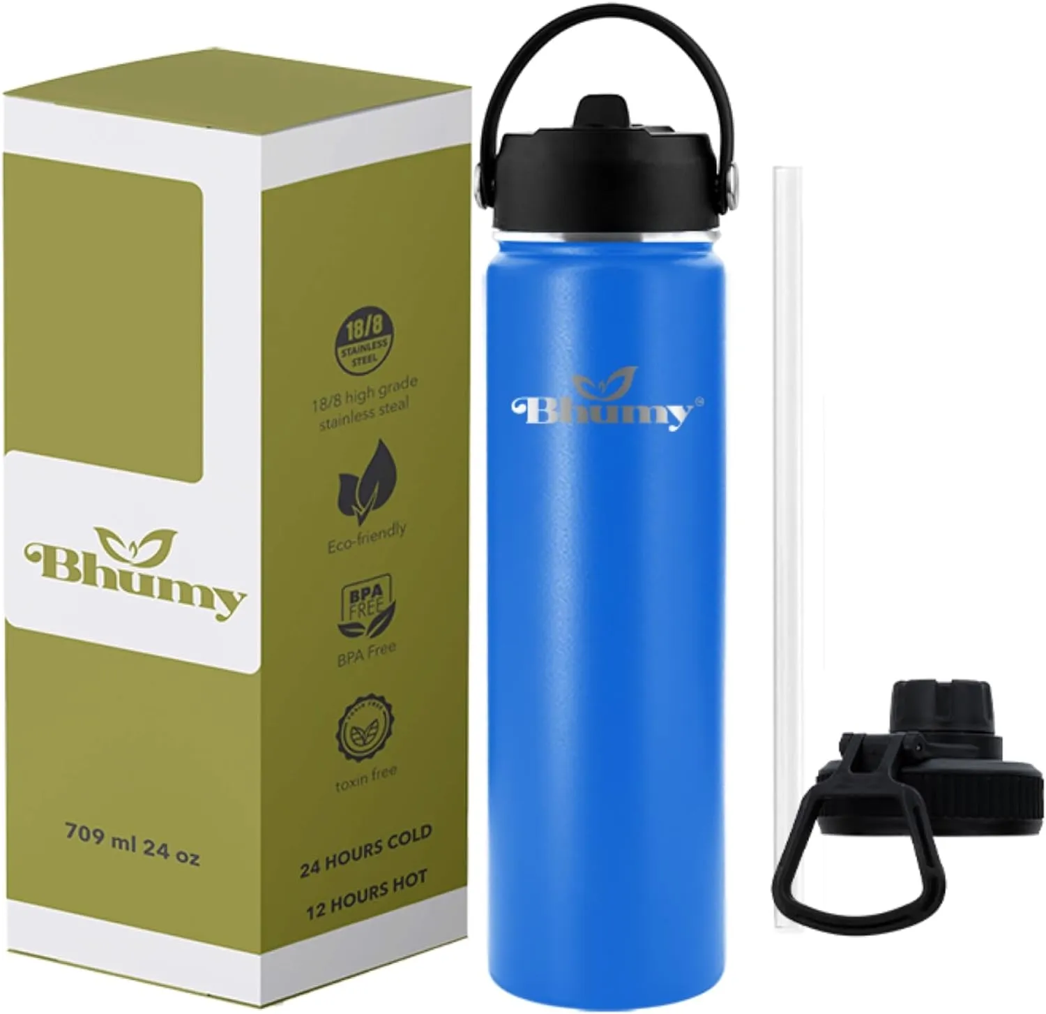 Bhumy Stainless Steel Water Bottles – 22oz Double Wall Stainless Steel Insulated Water Bottle – Water Bottle with Straw and 2 Lids – Leakproof Sports Water Bottle Water for Gym, Office, Travel