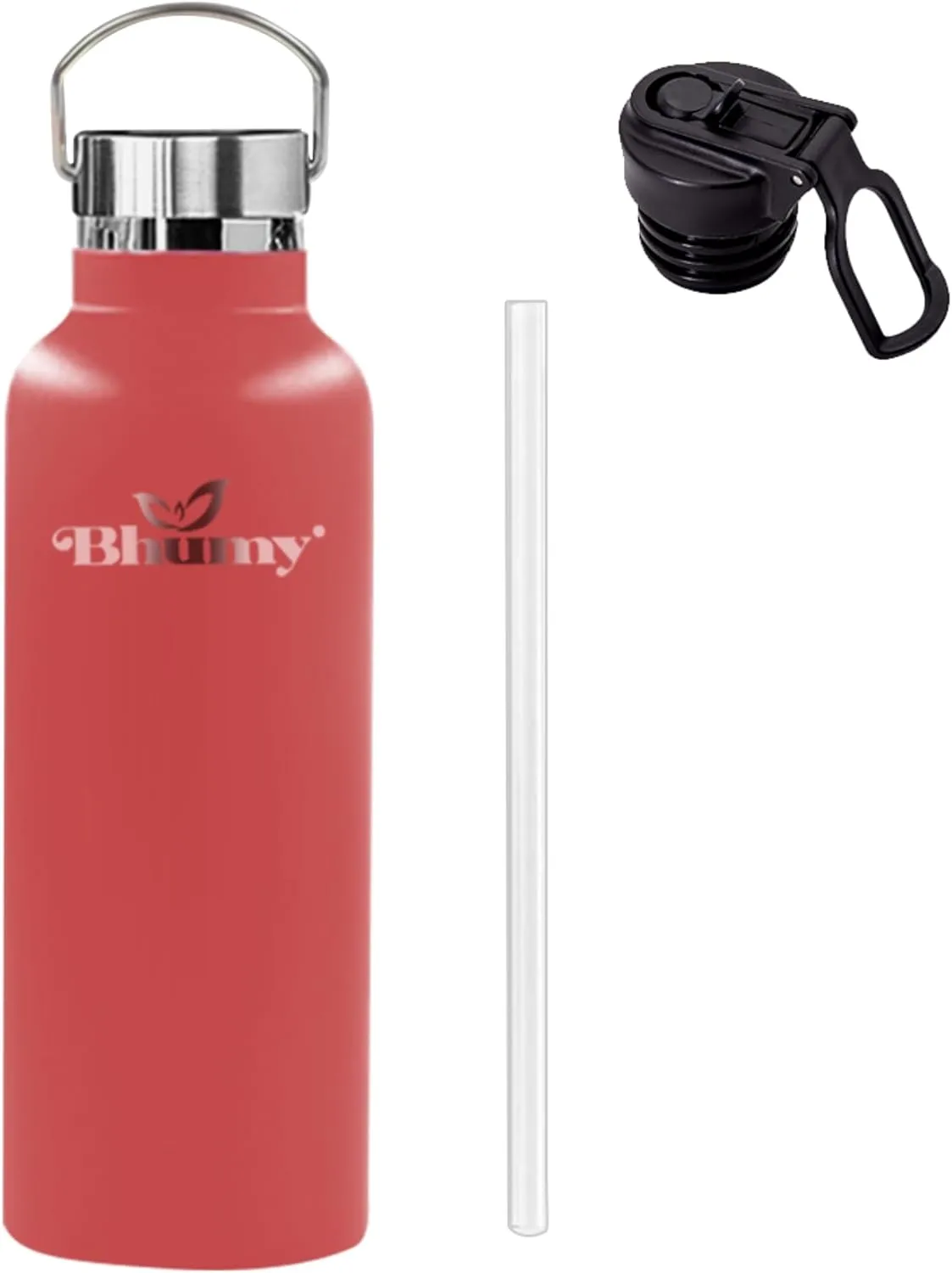 Bhumy Stainless Steel Water Bottles – 22oz Double Wall Stainless Steel Insulated Water Bottle – Water Bottle with Straw and 2 Lids – Leakproof Sports Water Bottle Water for Gym, Office, Travel