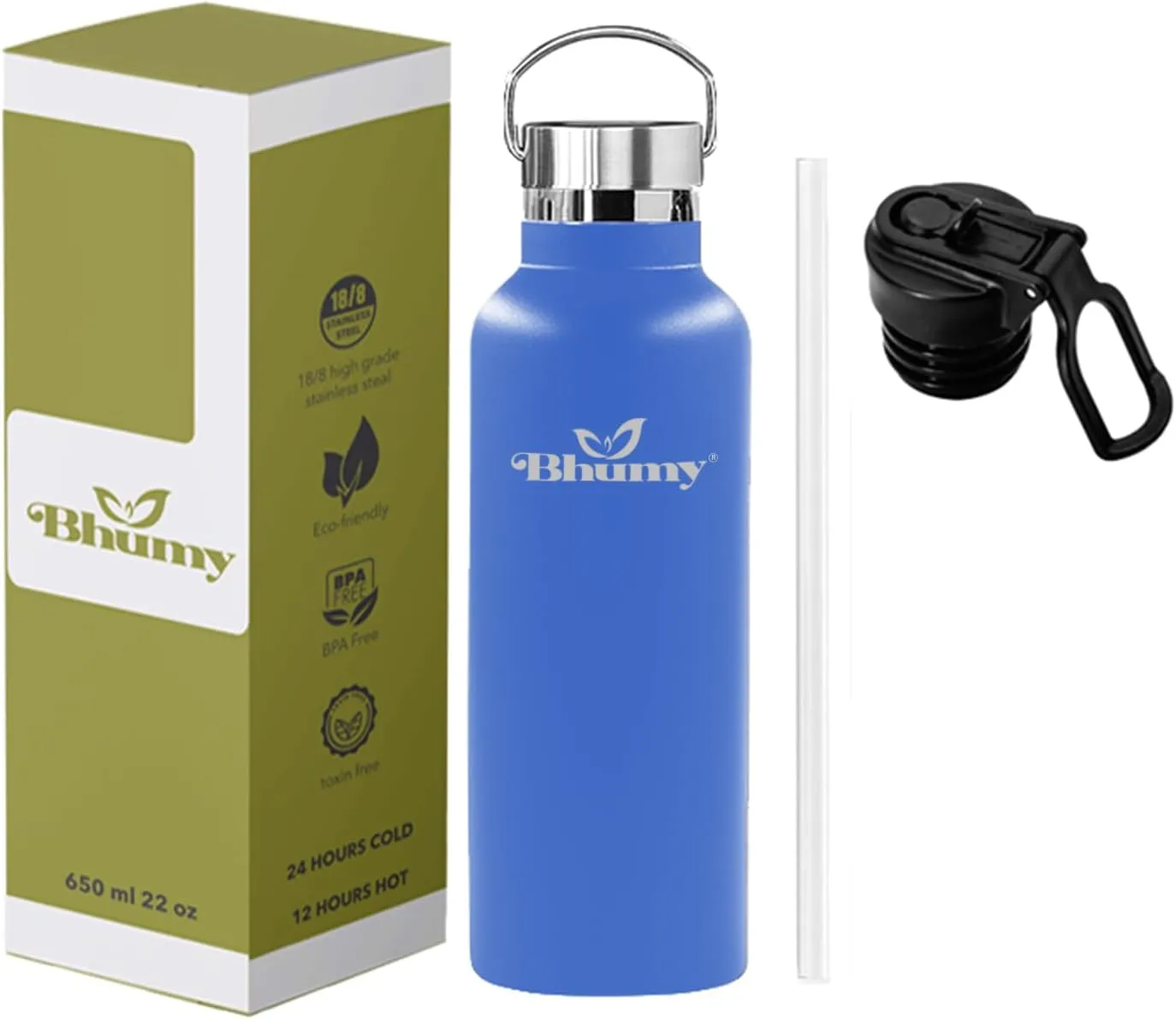 Bhumy Stainless Steel Water Bottles – 22oz Double Wall Stainless Steel Insulated Water Bottle – Water Bottle with Straw and 2 Lids – Leakproof Sports Water Bottle Water for Gym, Office, Travel