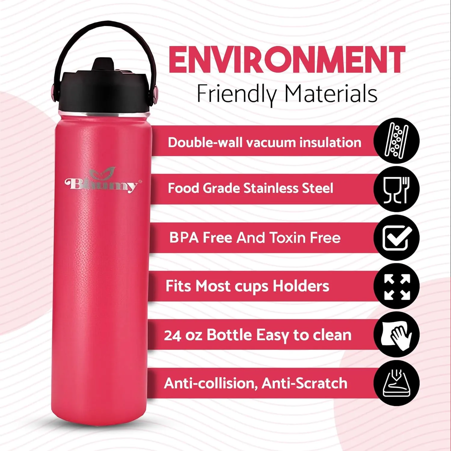 Bhumy Stainless Steel Water Bottles – 22oz Double Wall Stainless Steel Insulated Water Bottle – Water Bottle with Straw and 2 Lids – Leakproof Sports Water Bottle Water for Gym, Office, Travel