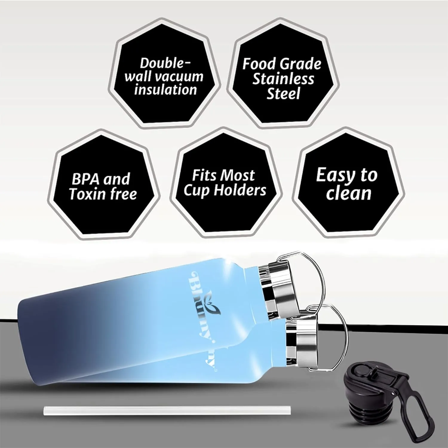 Bhumy Stainless Steel Water Bottles – 22oz Double Wall Stainless Steel Insulated Water Bottle – Water Bottle with Straw and 2 Lids – Leakproof Sports Water Bottle Water for Gym, Office, Travel