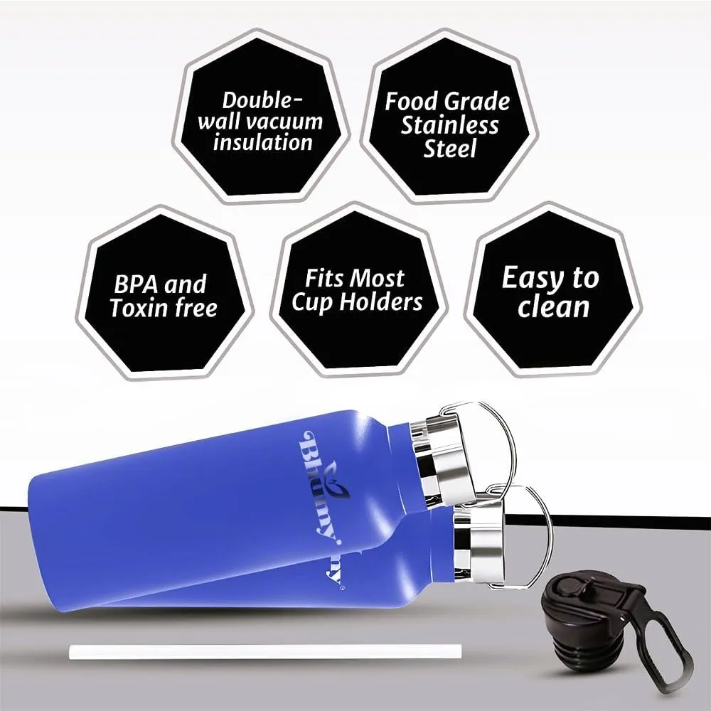 Bhumy Stainless Steel Water Bottles – 22oz Double Wall Stainless Steel Insulated Water Bottle – Water Bottle with Straw and 2 Lids – Leakproof Sports Water Bottle Water for Gym, Office, Travel