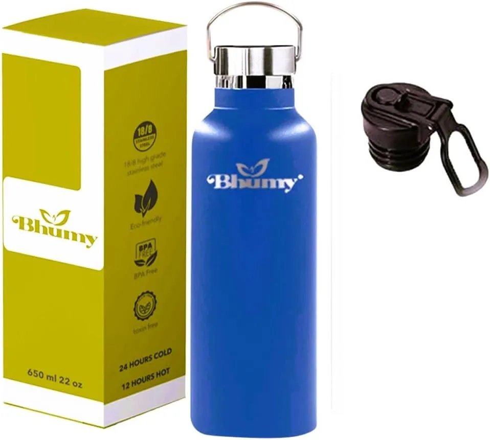 Bhumy Stainless Steel Water Bottles – 22oz Double Wall Stainless Steel Insulated Water Bottle – Water Bottle with Straw and 2 Lids – Leakproof Sports Water Bottle Water for Gym, Office, Travel