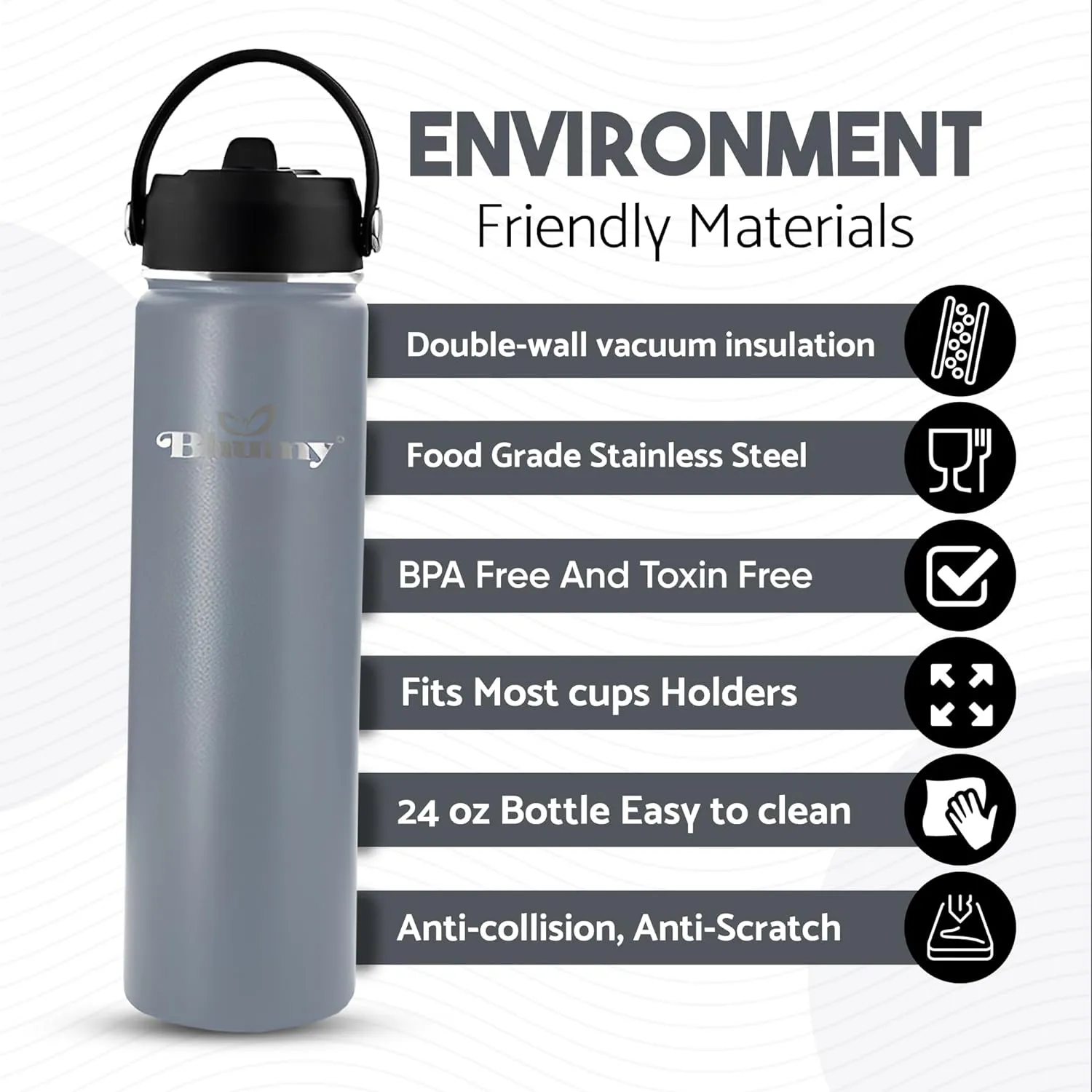 Bhumy Stainless Steel Water Bottles – 22oz Double Wall Stainless Steel Insulated Water Bottle – Water Bottle with Straw and 2 Lids – Leakproof Sports Water Bottle Water for Gym, Office, Travel