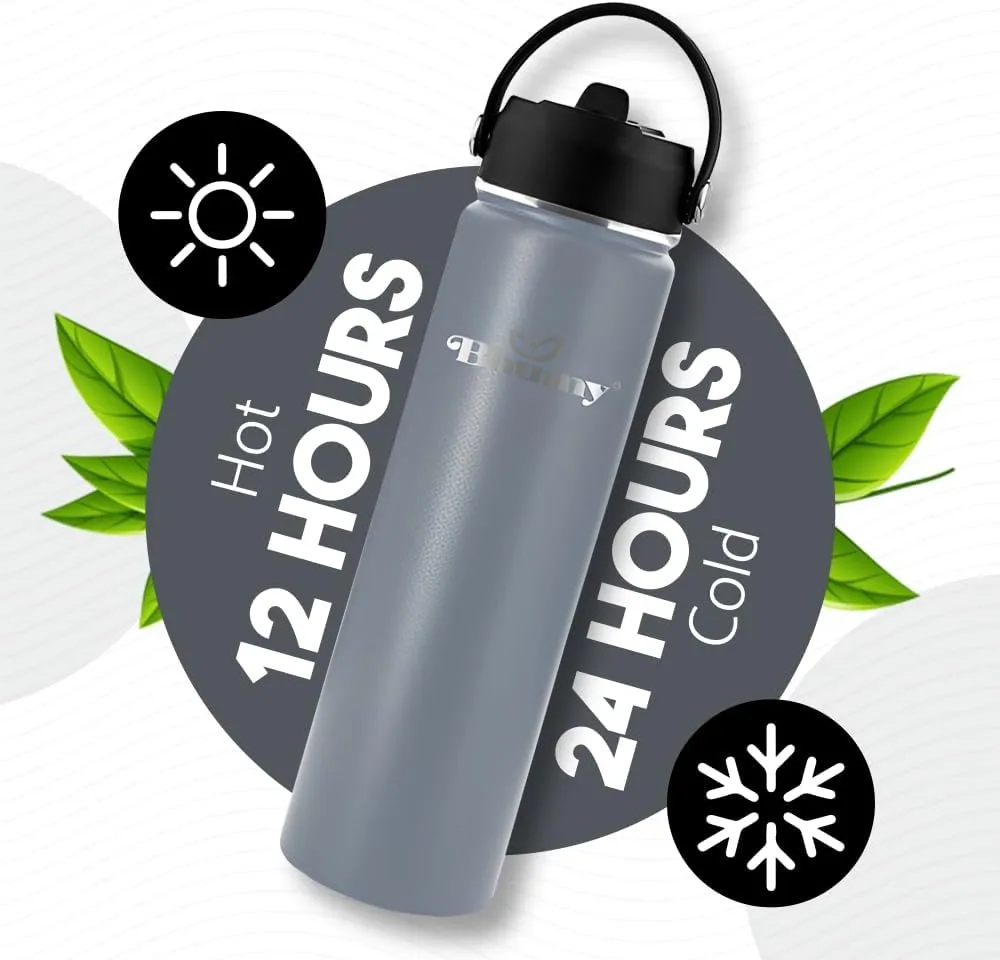 Bhumy Stainless Steel Water Bottles – 22oz Double Wall Stainless Steel Insulated Water Bottle – Water Bottle with Straw and 2 Lids – Leakproof Sports Water Bottle Water for Gym, Office, Travel