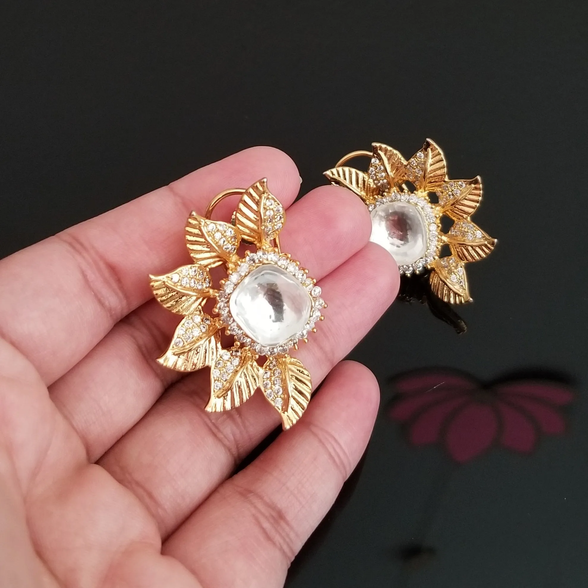Big Kundan Statement Studs With Gold Finish