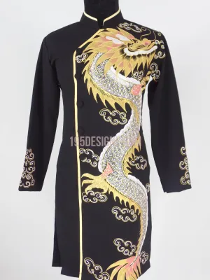 Black Ao Dai Men -  Áo Dài Đen Nam Vẽ Rồng Vải Co Giản Nhẹ