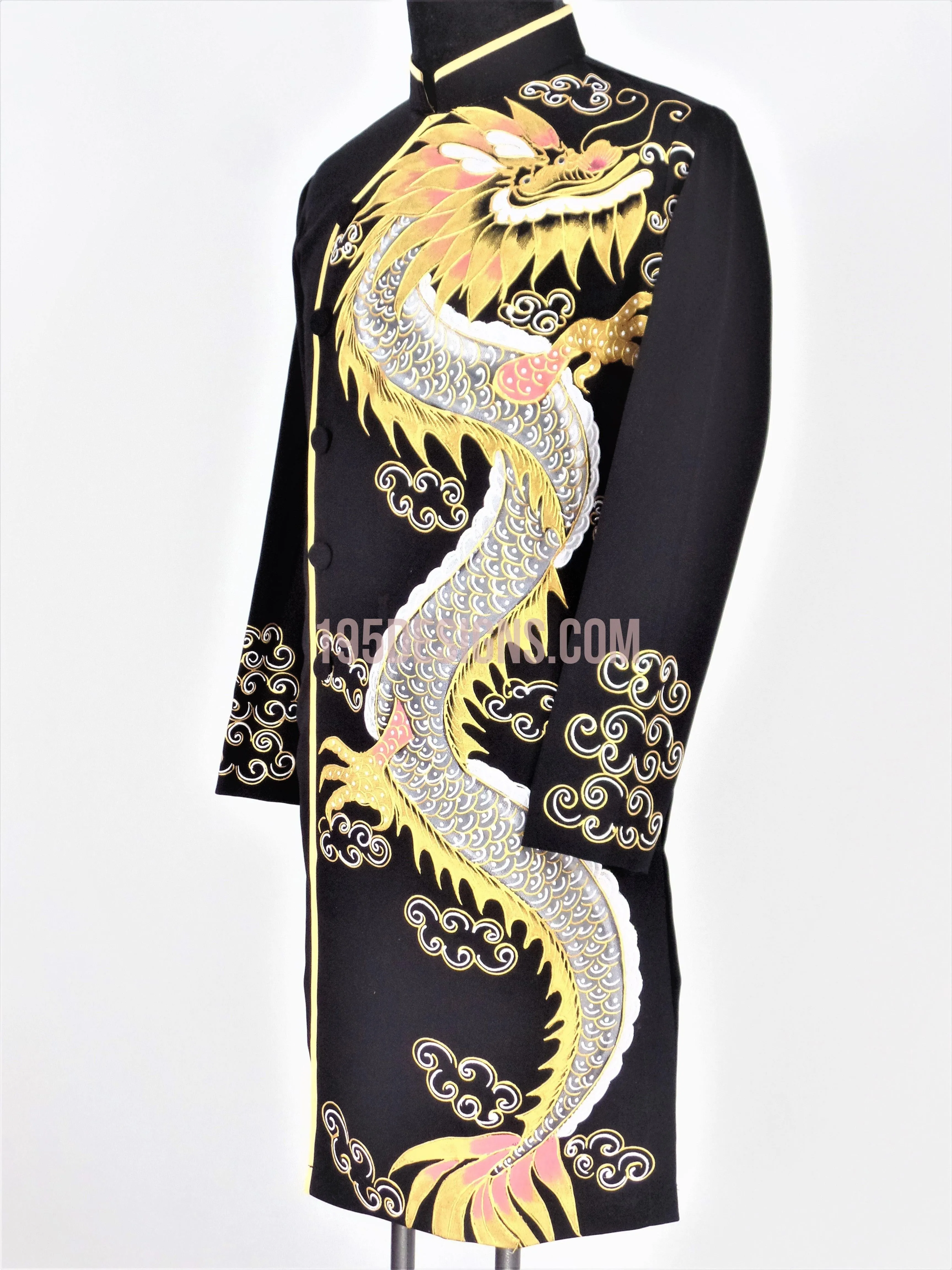 Black Ao Dai Men -  Áo Dài Đen Nam Vẽ Rồng Vải Co Giản Nhẹ