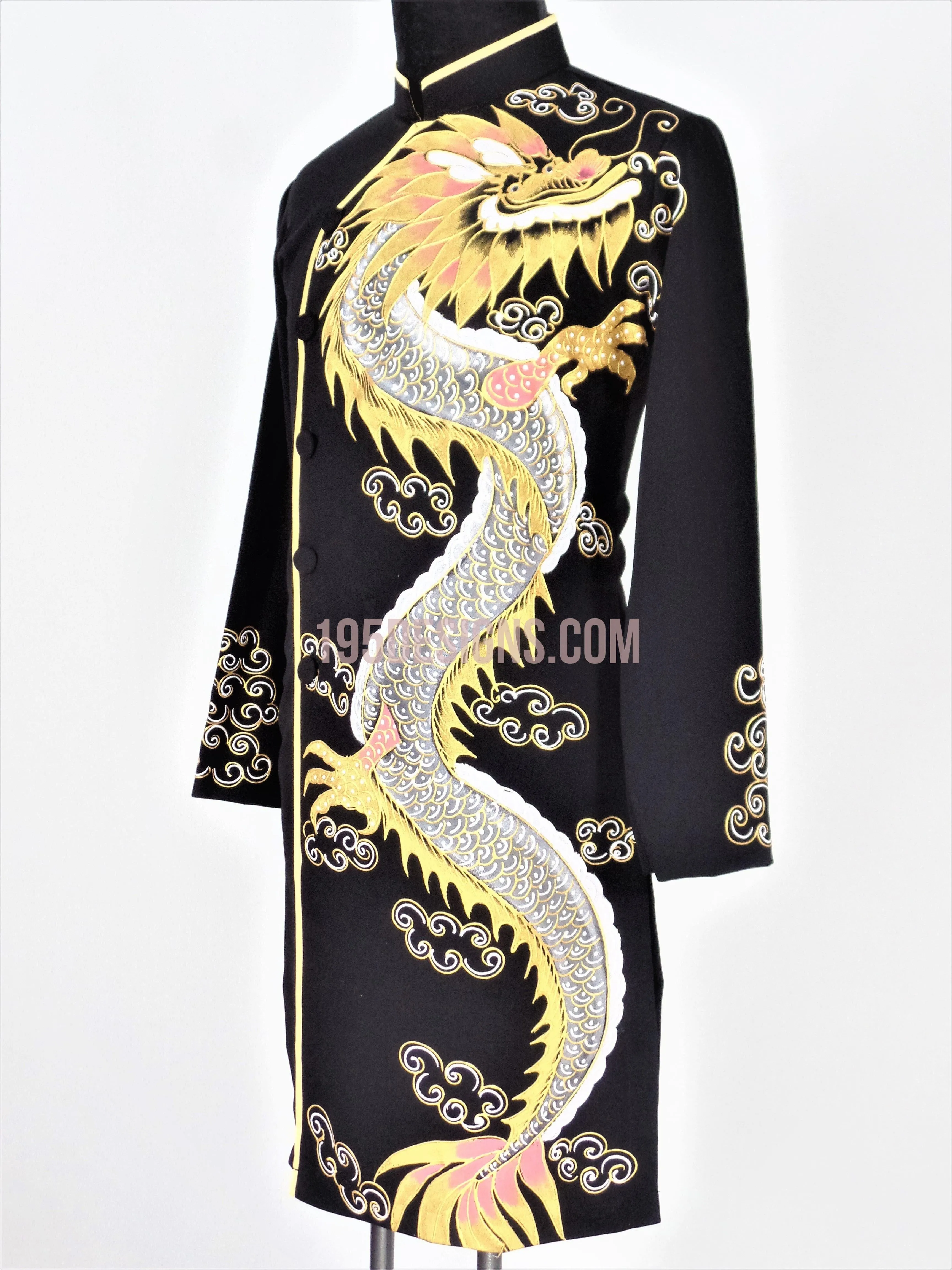 Black Ao Dai Men -  Áo Dài Đen Nam Vẽ Rồng Vải Co Giản Nhẹ