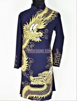 Black Ao Dai Men -  Áo Dài Nam Vẽ Rồng Vải Co Giản Nhẹ