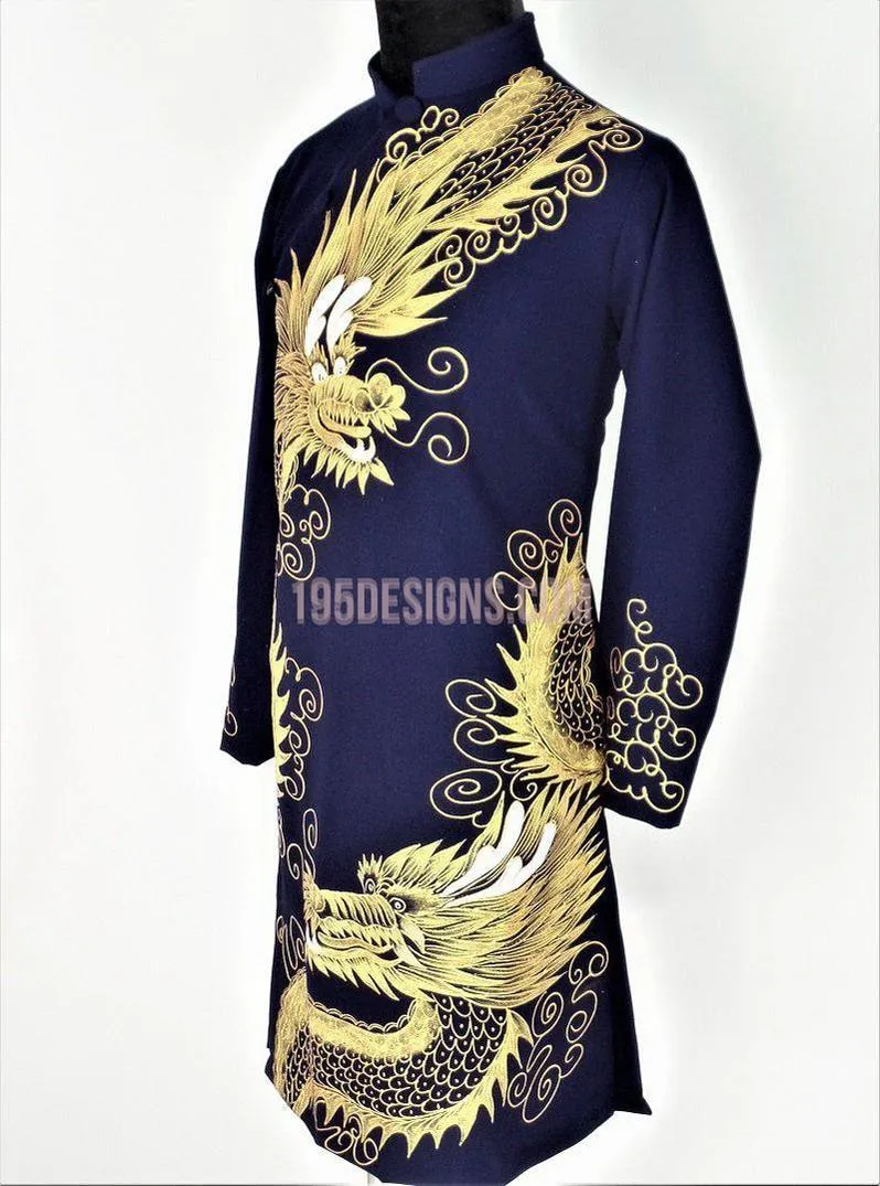 Black Ao Dai Men -  Áo Dài Nam Vẽ Rồng Vải Co Giản Nhẹ