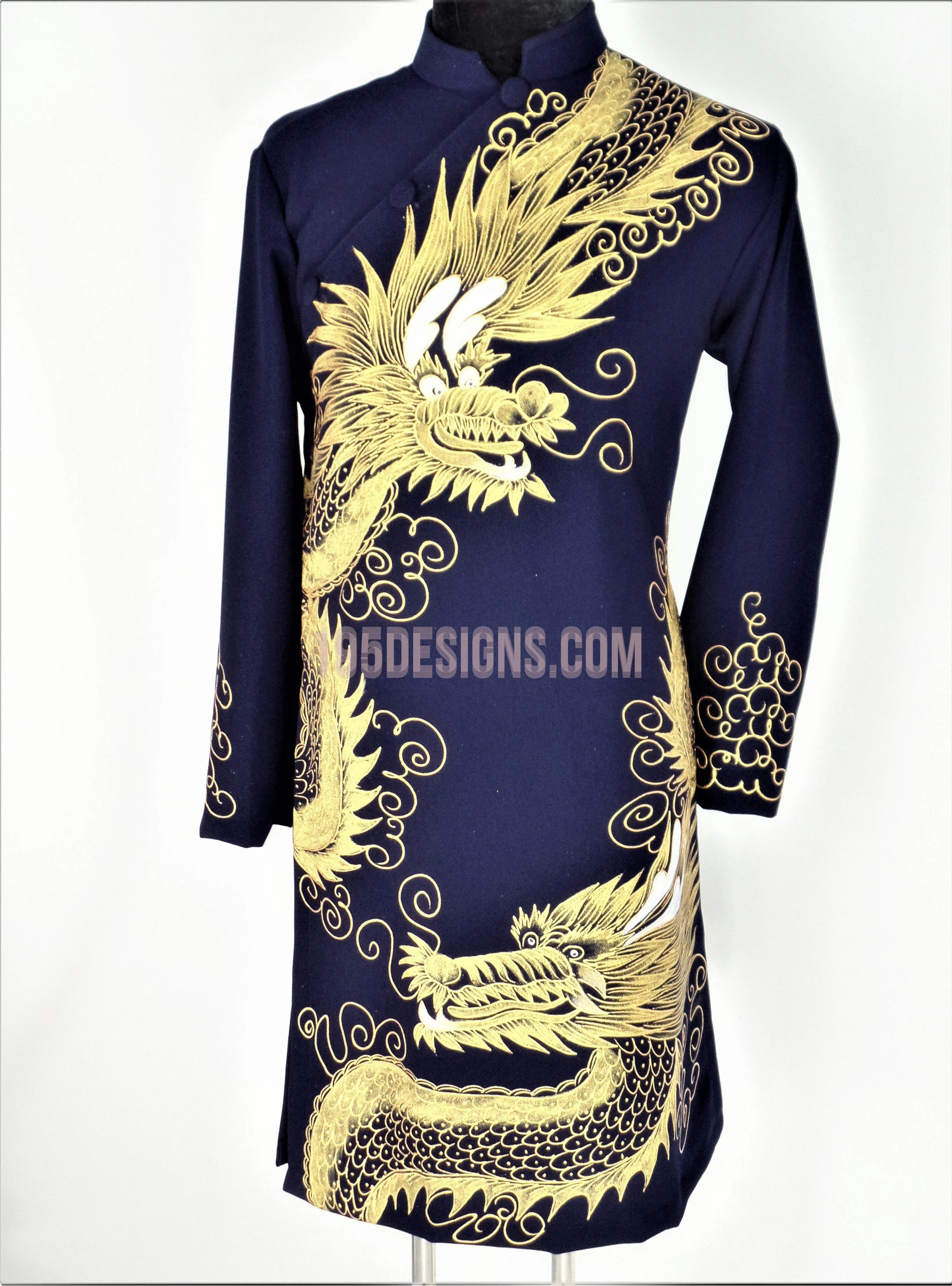 Black Ao Dai Men -  Áo Dài Nam Vẽ Rồng Vải Co Giản Nhẹ