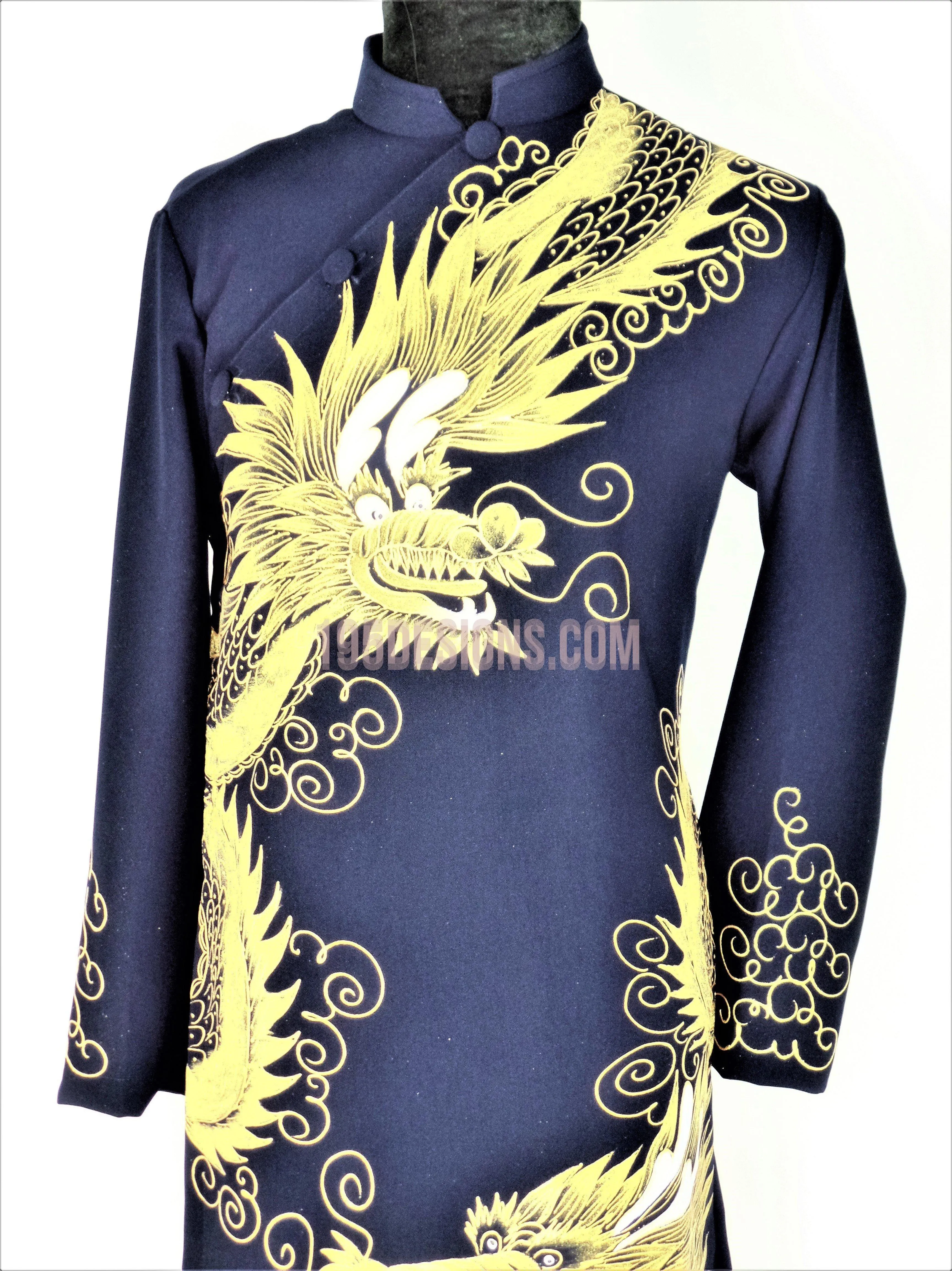 Black Ao Dai Men -  Áo Dài Nam Vẽ Rồng Vải Co Giản Nhẹ