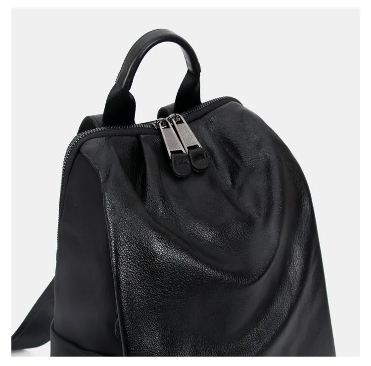 Black Nylon Satchel Backpack Womens Cute School Backpack Bag Black Nylon Leather College Rucksack for Ladies