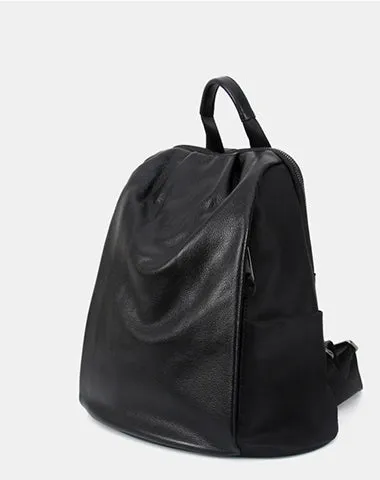 Black Nylon Satchel Backpack Womens Cute School Backpack Bag Black Nylon Leather College Rucksack for Ladies