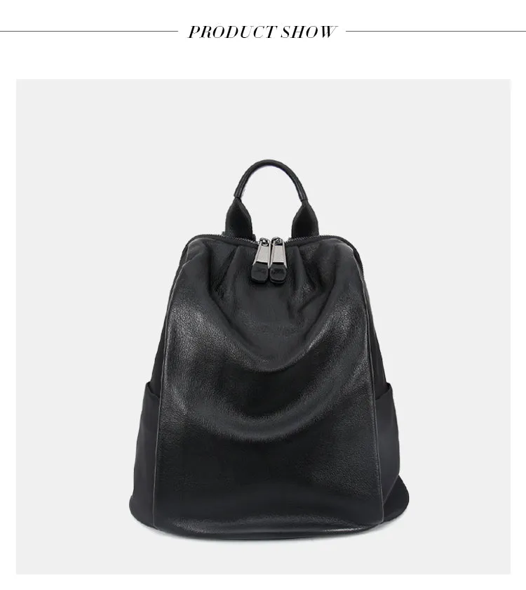 Black Nylon Satchel Backpack Womens Cute School Backpack Bag Black Nylon Leather College Rucksack for Ladies