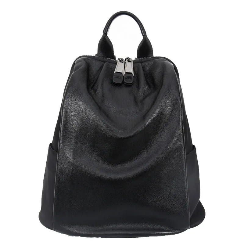 Black Nylon Satchel Backpack Womens Cute School Backpack Bag Black Nylon Leather College Rucksack for Ladies
