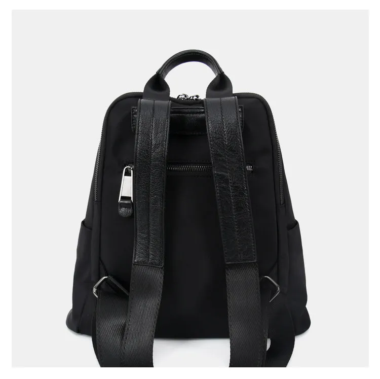 Black Nylon Satchel Backpack Womens Cute School Backpack Bag Black Nylon Leather College Rucksack for Ladies