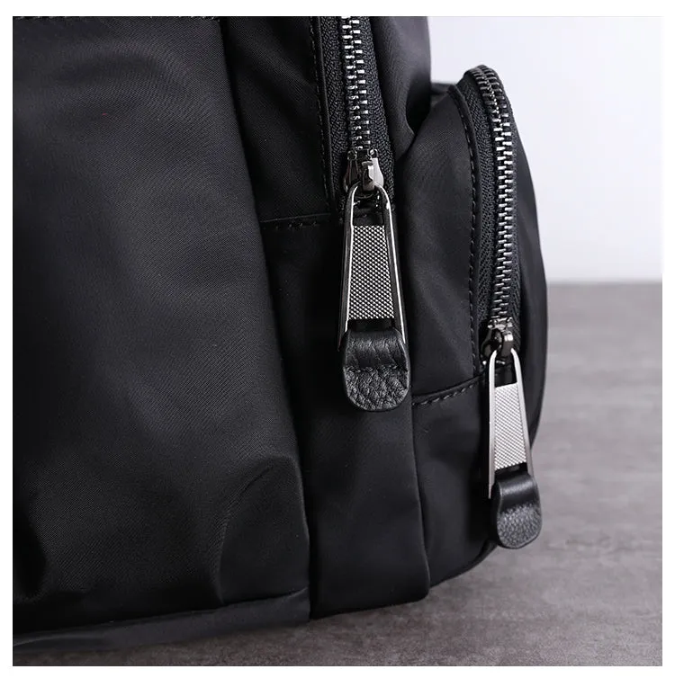 Black Nylon Satchel Backpack Womens School Backpack Bag Black Nylon Leather Travel Rucksack for Ladies