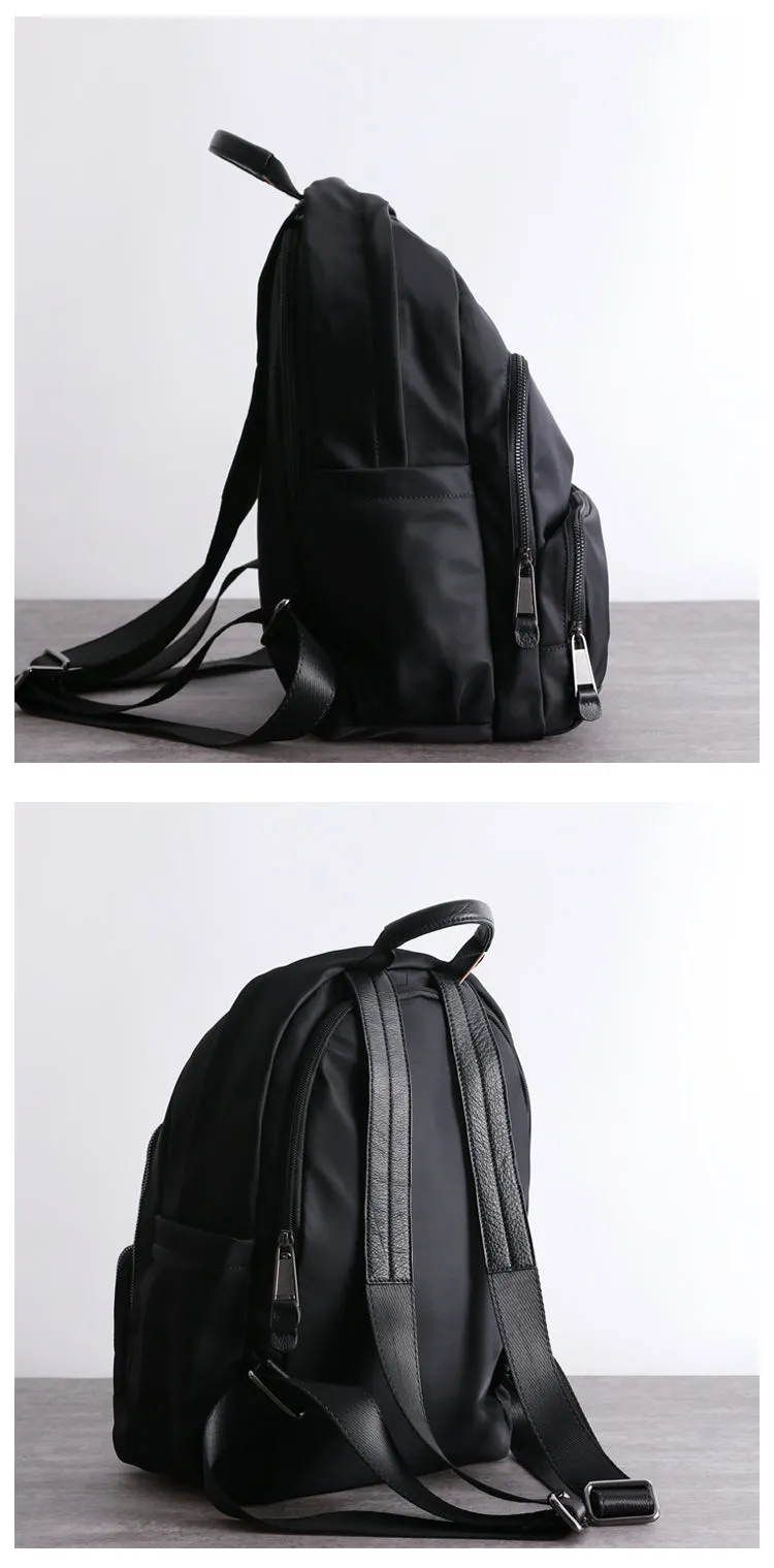 Black Nylon Satchel Backpack Womens School Backpack Bag Black Nylon Leather Travel Rucksack for Ladies