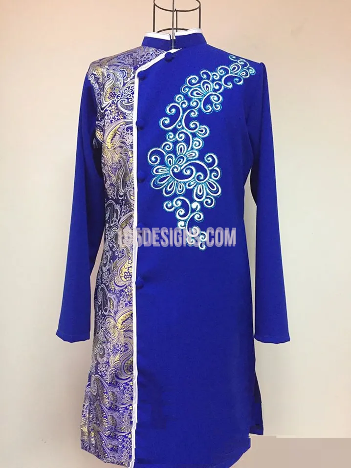 Blue Brocade Ao Dai Men -  Áo Dài Pha Gấm Nam