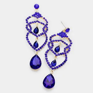 Blue Crystal Rhinestone Teardrop Dangle Pageant Earrings on Gold  | 310909