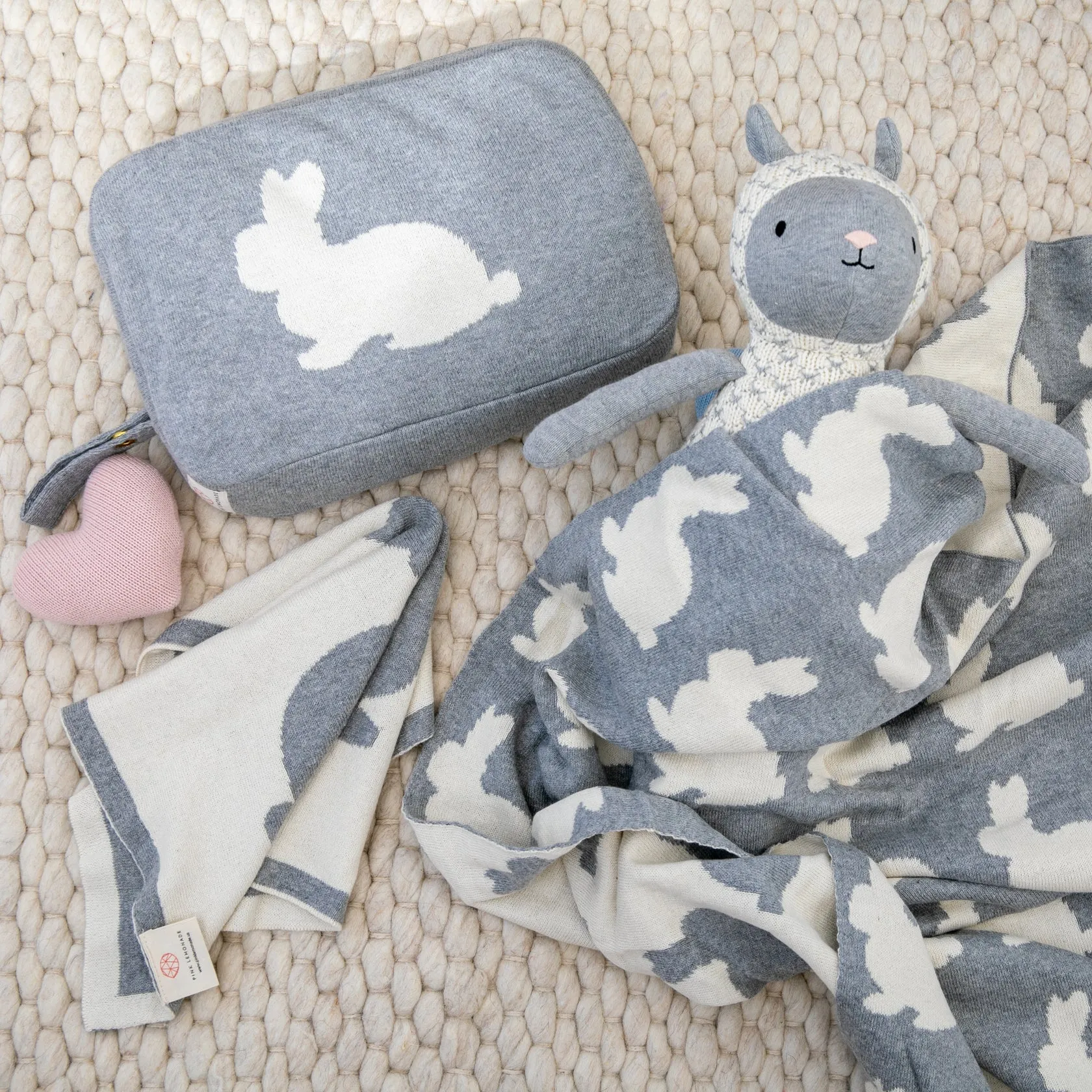 Bunny 3 Piece Knitted Baby Travel Set - Grey / Natural
