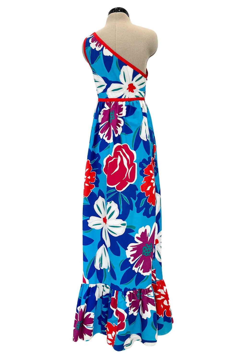 c.1977 Oscar de la Renta for Swirl One Shoulder Printed Bright Floral Cotton Dress w Ruffled Hem