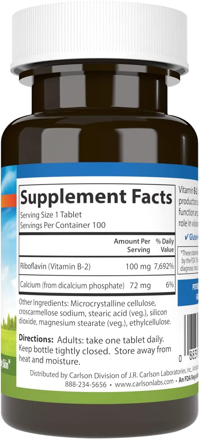 Carlson - B-2, 100 mg Riboflavin, Energy Production, Vision Support & Healthy Skin, 100 Vegetarian Tablets