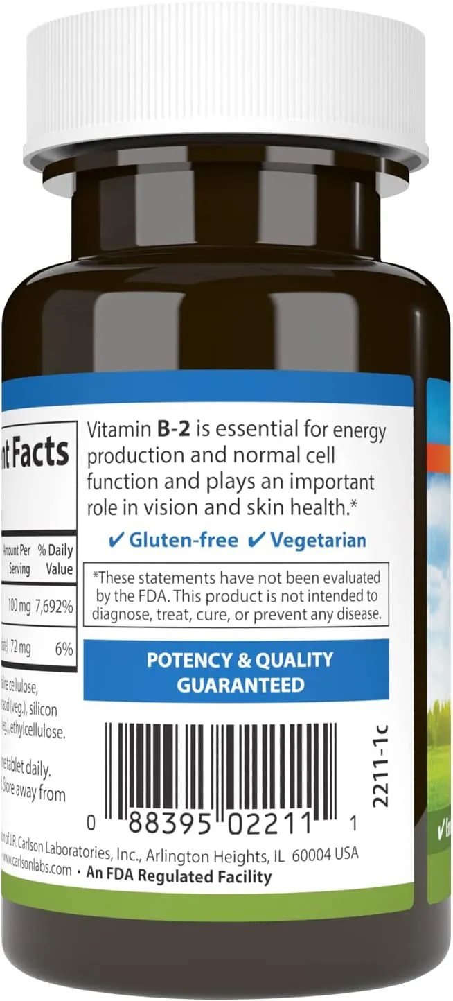 Carlson - B-2, 100 mg Riboflavin, Energy Production, Vision Support & Healthy Skin, 100 Vegetarian Tablets