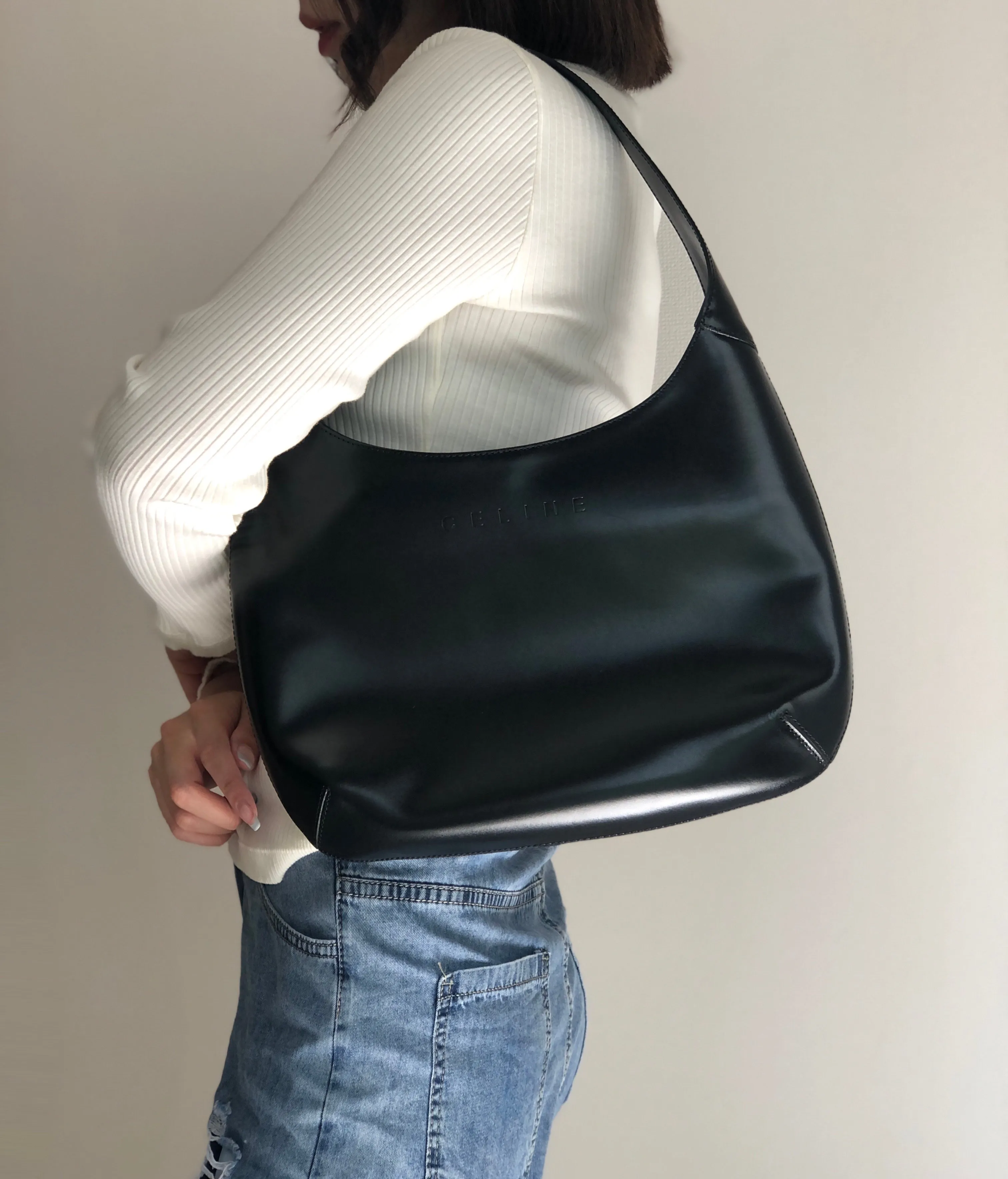CELINE Logo Hobobag Handbag AVA Black Old Celine vintage tn8fbb