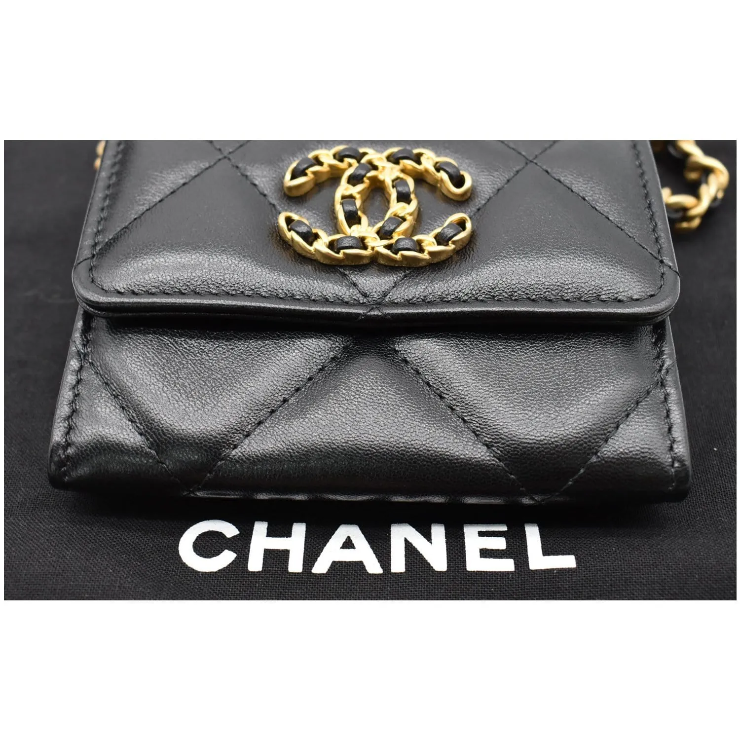 CHANEL 19 Flap Coin Purse Quilted Goatskin Chain Crossbody Bag Black
