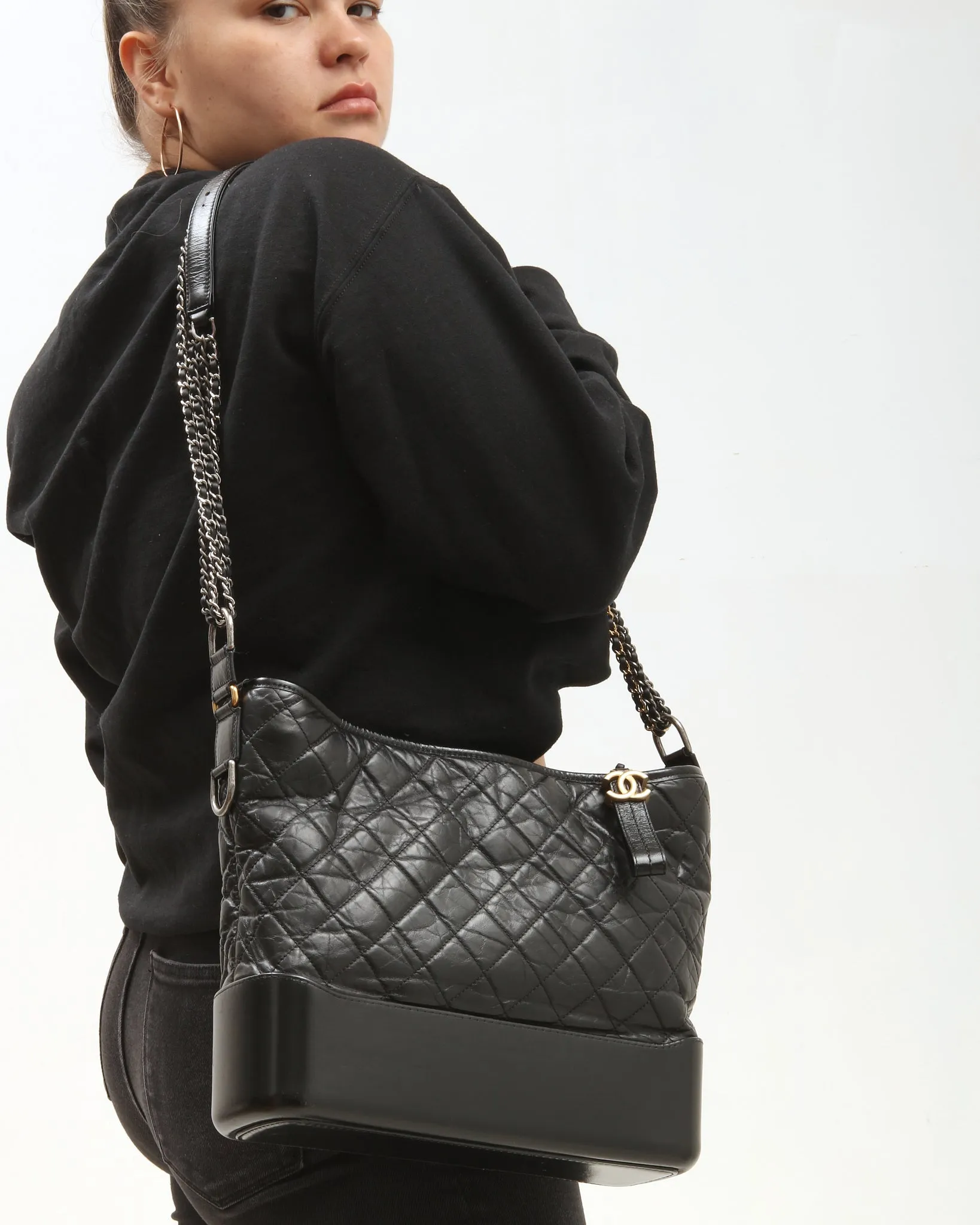 Chanel Black Aged Calfskin Large Hobo Gabrielle Bag