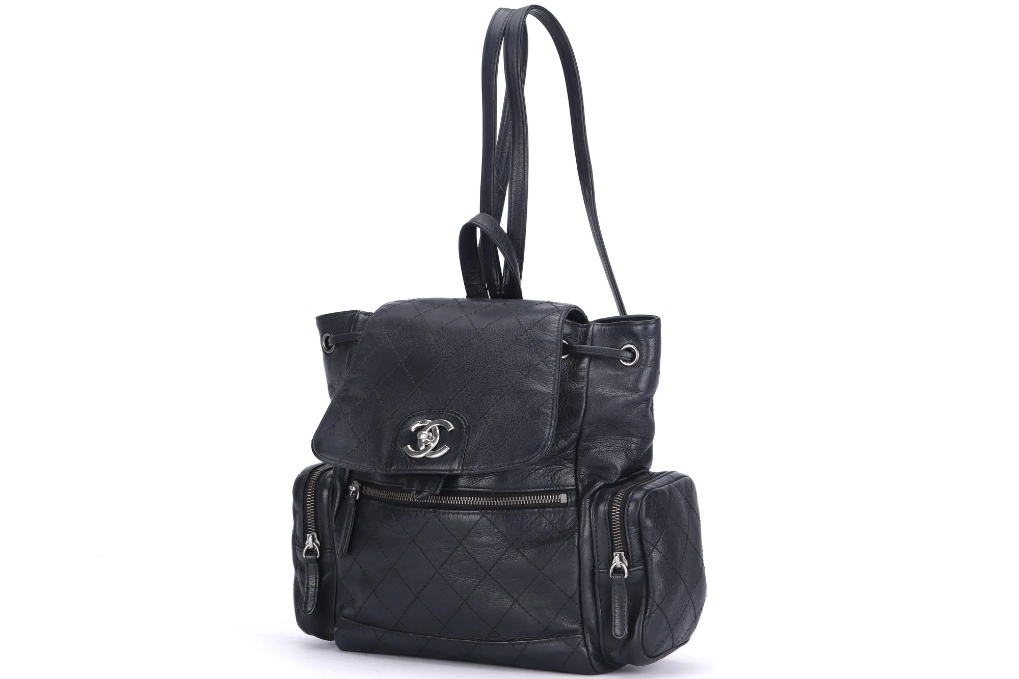 CHANEL BLACK CALFSKIN BACKPACK (2396XXXX), SILVER HARDWARE, WITH CARD, NO HOLOGRAM & DUST COVER