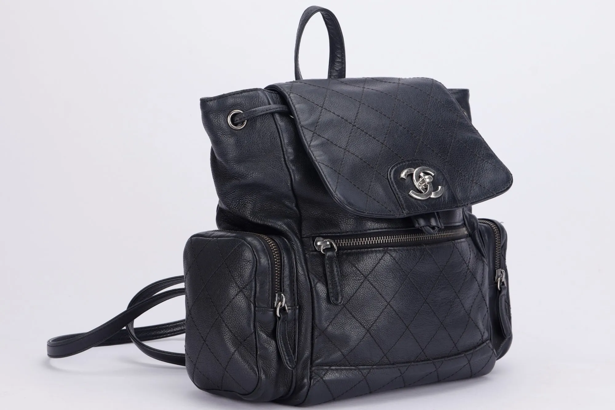 CHANEL BLACK CALFSKIN BACKPACK (2396XXXX), SILVER HARDWARE, WITH CARD, NO HOLOGRAM & DUST COVER