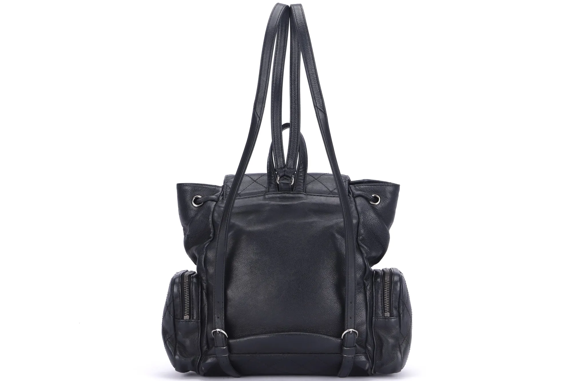 CHANEL BLACK CALFSKIN BACKPACK (2396XXXX), SILVER HARDWARE, WITH CARD, NO HOLOGRAM & DUST COVER