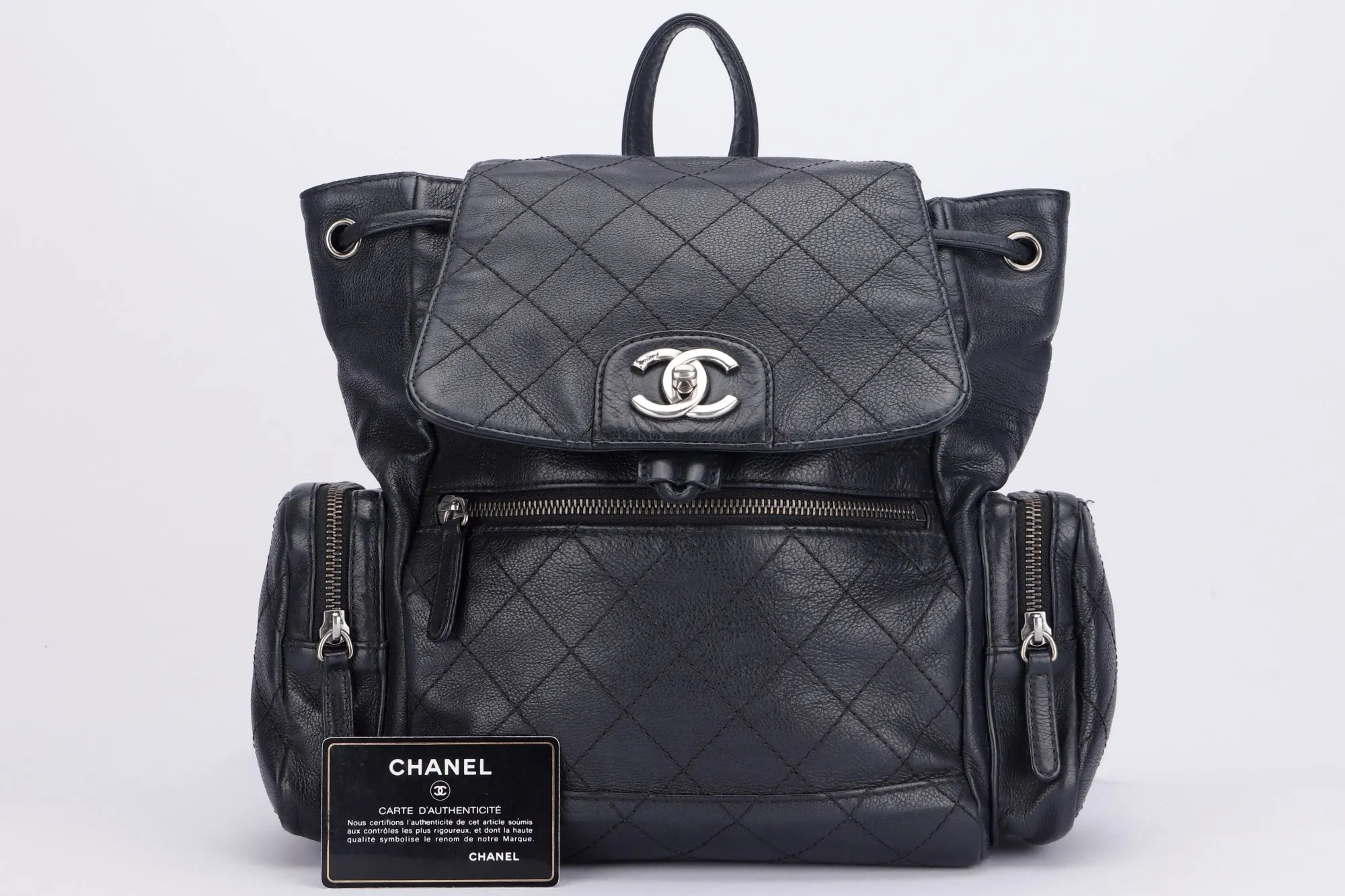 CHANEL BLACK CALFSKIN BACKPACK (2396XXXX), SILVER HARDWARE, WITH CARD, NO HOLOGRAM & DUST COVER